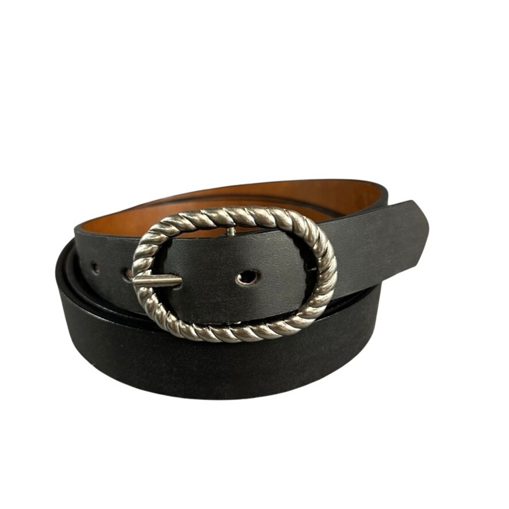 Black Reversible Brown Leather Belt Silver Rope Twist Oval Buckle Plus Size 53in
